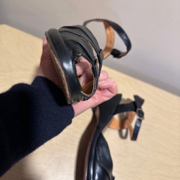 Re-mix Pleated Toe Vintage Style Black Leather Sandal Wedge Peep Toe - Picture 9 of 12